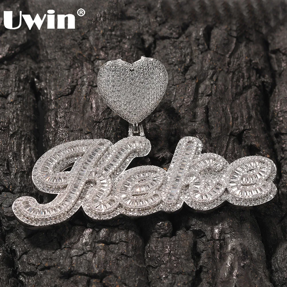 

UWIN Trendy Custom Baguettecz Chain Name Necklace with Heart Bezel Script Letters Baguettecz Nameplate Necklace Hip Hop Jewelry