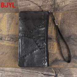 Retro Old Leather Pure Men's Long Zipper Wallet Handmade Car Stitching Leather Wallets Men Card Holder Rough Wallet Tide Black