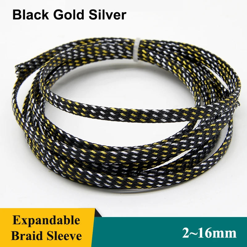 1~50m Black Gold Silver PET Braid Sleeve 2/4/6/8/10/12/14/16mm High Density Snake Skin Cable Wrap Sheath For Electric Cables