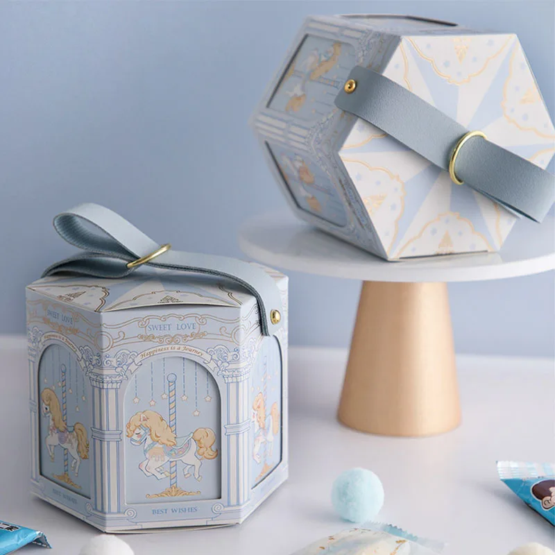 صندوق حلوى سداسي جديد سلسلة دوائر تصميم أنيق صندوق تعبئة الهدايا مع مقبض جلدي ديكور حفلات الزفاف وحفلات استقبال المولود الجديد #3