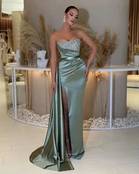 Elegant Light Green Prom Dress Strapless Party Evening Gown Pleated Thigh Slit Formal Long Special Occasion Gown