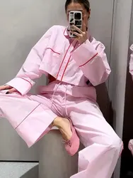 HH 2024 Vrouwelijke Causale Roze Zoete Broek Pak Met Zijzakken Elastische Taille Lange Broek + Lange Mouwen Revers Cropped blouse