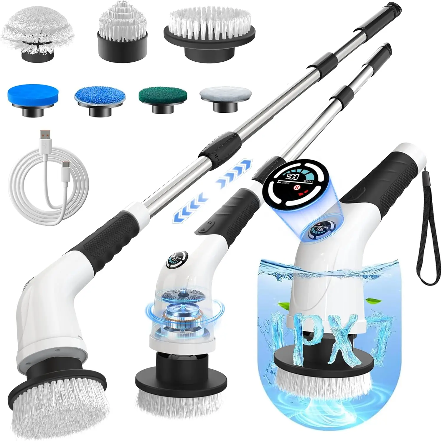 

Cordless Electric Spin Scrubber with 7 Brush Heads, 3 Speeds & LCD Display for Bathroom Kitchen Tile Cleaning