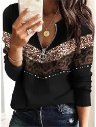 Autumn Zipper V Neck Long Sleeve Print Casual Top Women's Shirt Fashion Loose Blouses And Tops Female