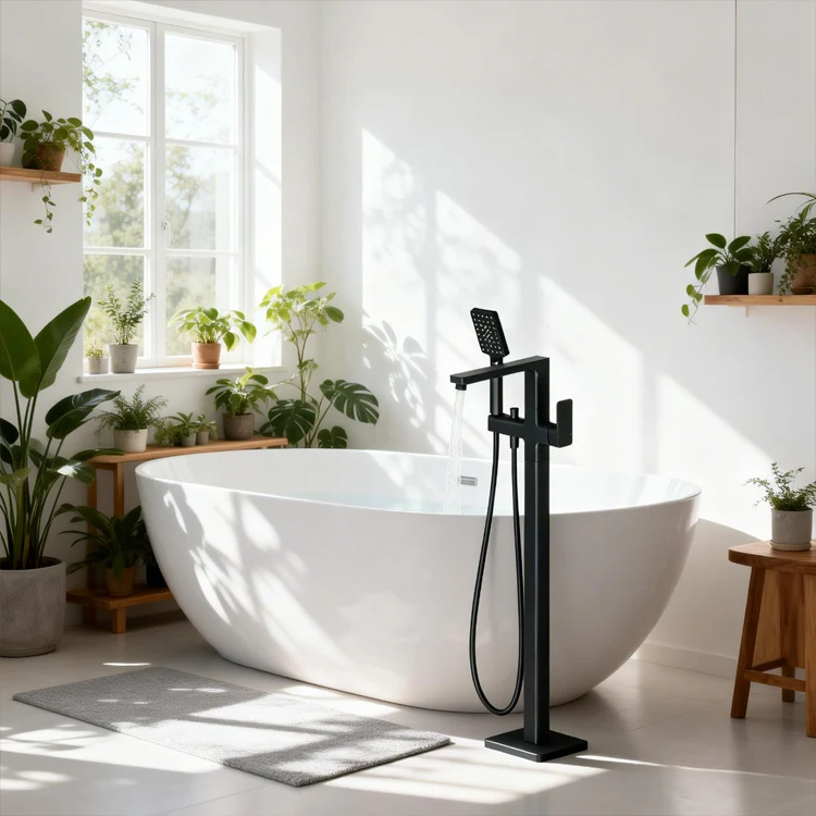 Black Single Handle Modern Free Standing Hotel Use Brass Bathtub Mixer Faucet Ceramic Valve Core Floor Stand Shower Set 5 Year