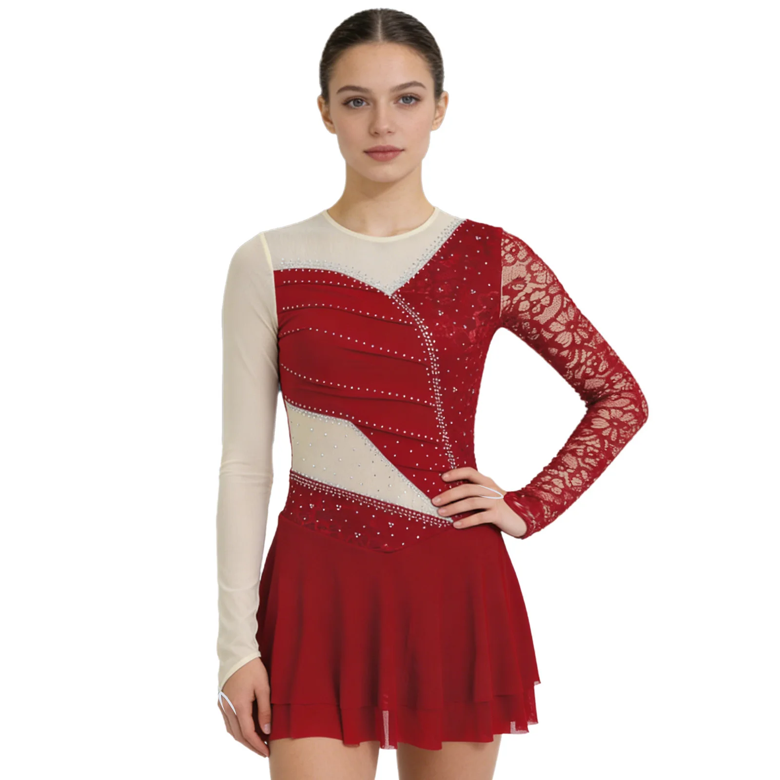 

Женское платье-боди для фигурного катания и сценических танцев с блестящими длинными рукавами, открытой спиной, сетчатыми вставками и цветочным кружевом, для гимнастики и латиноамериканских танцев