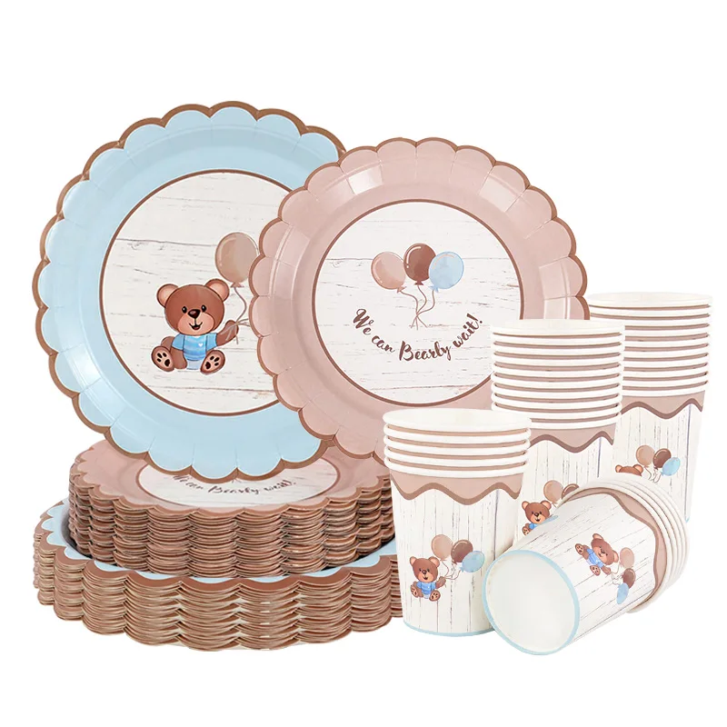 

Cute Teddy Bear Disposable Tableware Baby Shower Boy Girl Birthday Party Decoration Supplies Paper Plate Cups Gift Bag Balloons