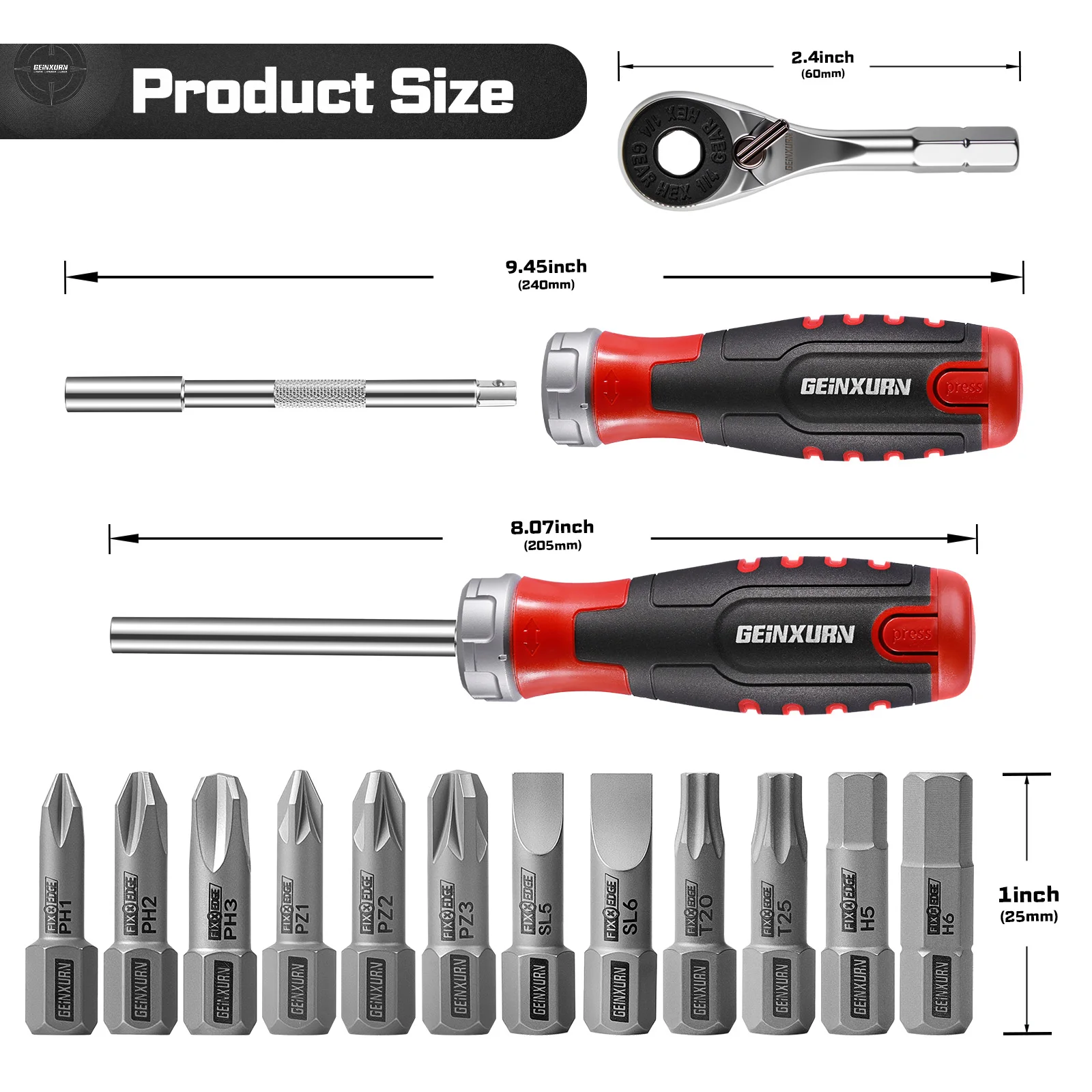 Geinxurn 14PCS Ratchet Screwdriver Bit Set, 12pcs Multi-Size Fixed Impact Bits, 3-Mode Ratchet Handle for Repairs