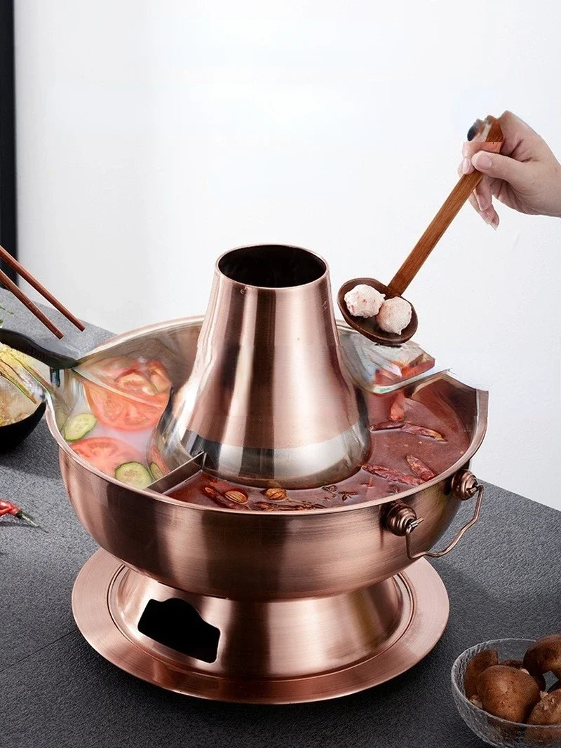 Thickened Stainless Steel Charcoal Chinese Copper Hot Pot Old Beijing Style Hot Pot Chinese Fondue Pot Cookware Set