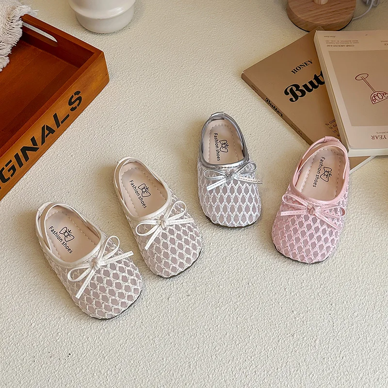Kids Princess Sandals Simple Bows Girls Mesh Shoes Round Toes Soft 2026 Summer New Children Flat Shoes Versatile Soild Color