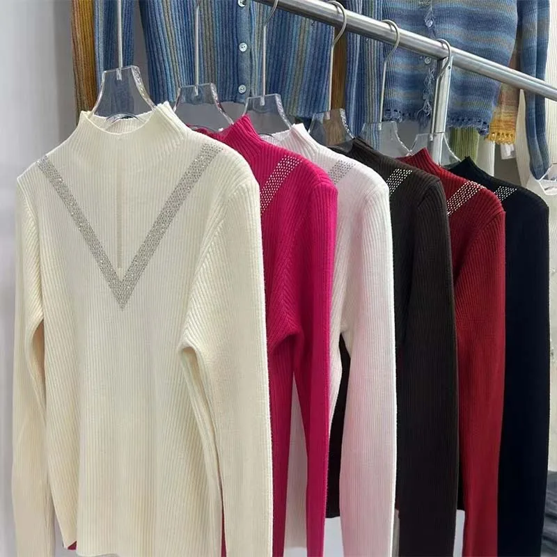 Women\'s Clothing Half High Neck Knitted Sweater Autumn/Winter Patchwork Lace Temperament French Style Pullovers Lady Hot Fix Top