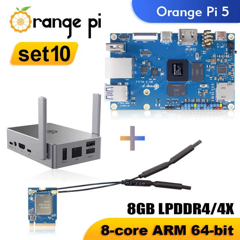 Orange Pi 5 8GB + Metal Shell + Wifi-BT Module Single Board Computer RK3588S Orange Pi5 Development Board