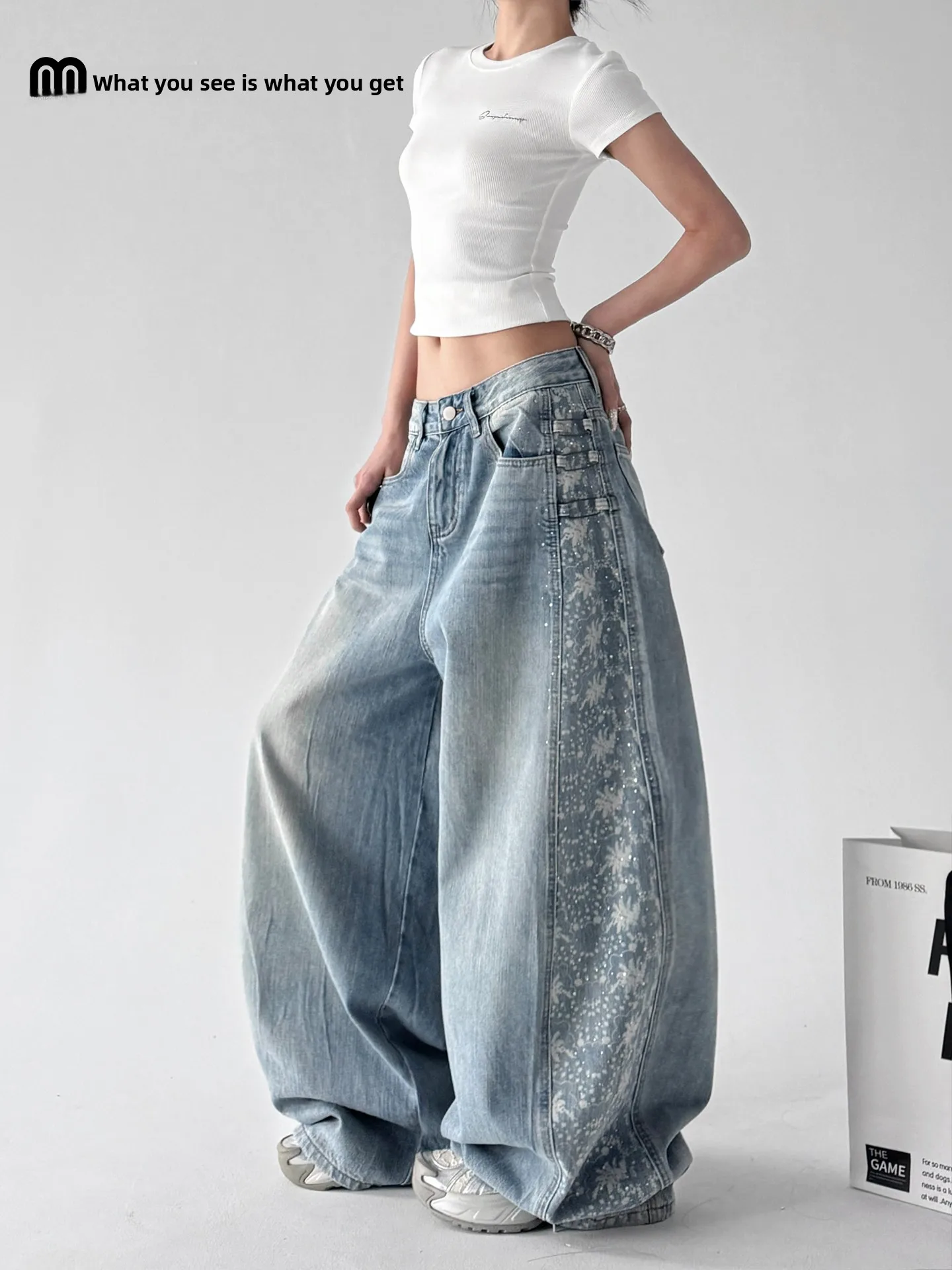 

Sweet Cool Wide Leg Denim Jeans Summer New Side Pattern Waed Loose Slimming Casual Pants Low Waist Splicing Cotton Blend