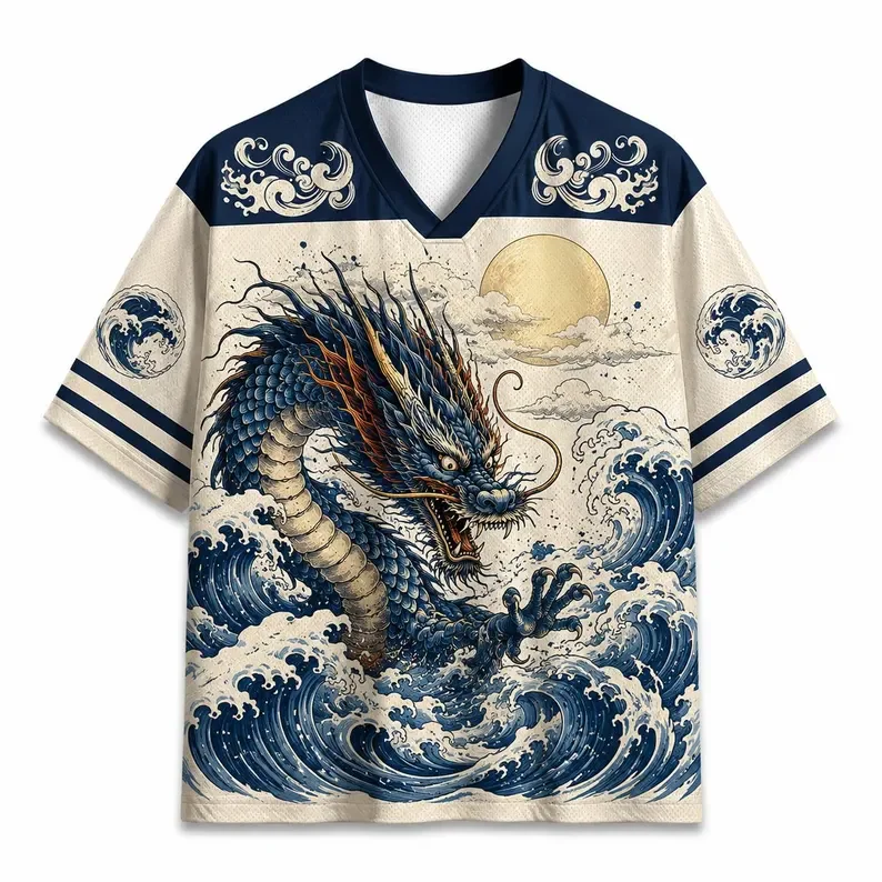 3D Printed Japanese Dragon Wave Pattern T-shirt Breathable Mesh V-neck Short Sleeve Number 11 Ukiyo-e Retro Knitted Street Top