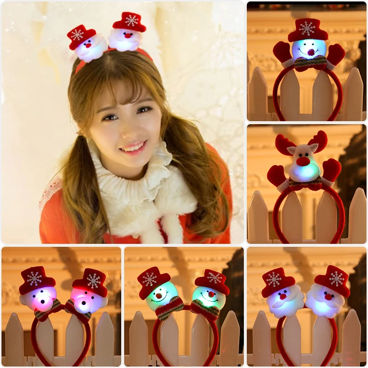 LED Deer Horn Headband LED Christmas Costume Hair Accessories For Girls Light Up Blinking Glow Christmas Snowman Santa Hairband