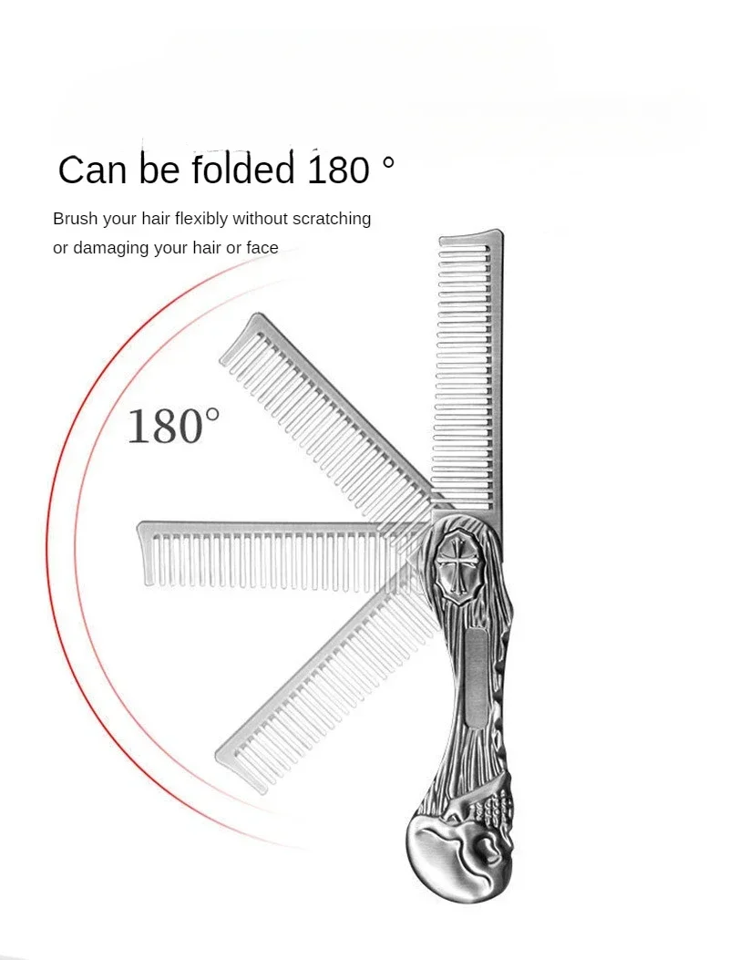 남성용 휴대용 접이식 수염 빗, 전문 살롱 수염 브러시, 아연 합금 콧수염 브러시, 트리밍 도구, 해골 스타일 헤어 빗, 1PC