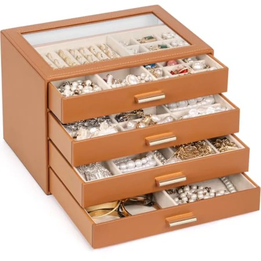 

Jewelry Box with Clear Lid Functional Leather Jewelry Storage Organizer Case 4 Drawers for Women Girls Necklace Ring Bracelet E