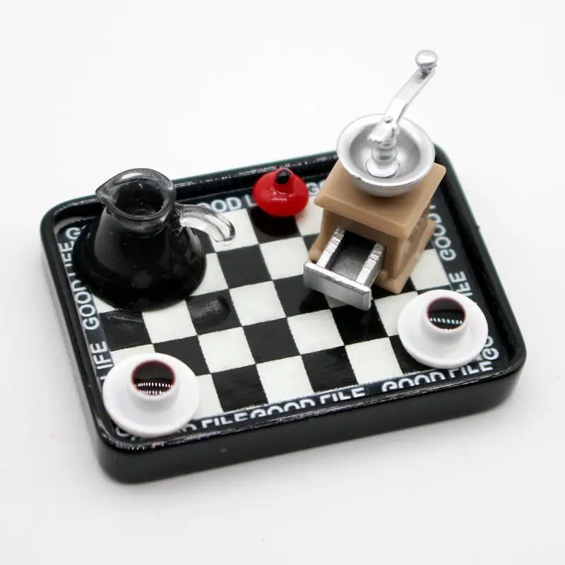 Miniaturowy ekspres do kawy z młynkiem, czarno-biały zestaw talerzy w kratkę, model do dekoracji domku dla lalek, zabawki do zabawy w udawanie.