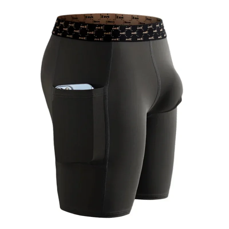 Men's Ice Silk Compression Shorts, Quick Dry Athletic Boxer Briefs with Phone Pockets, Breathable Running & Gym Underwear Trunks