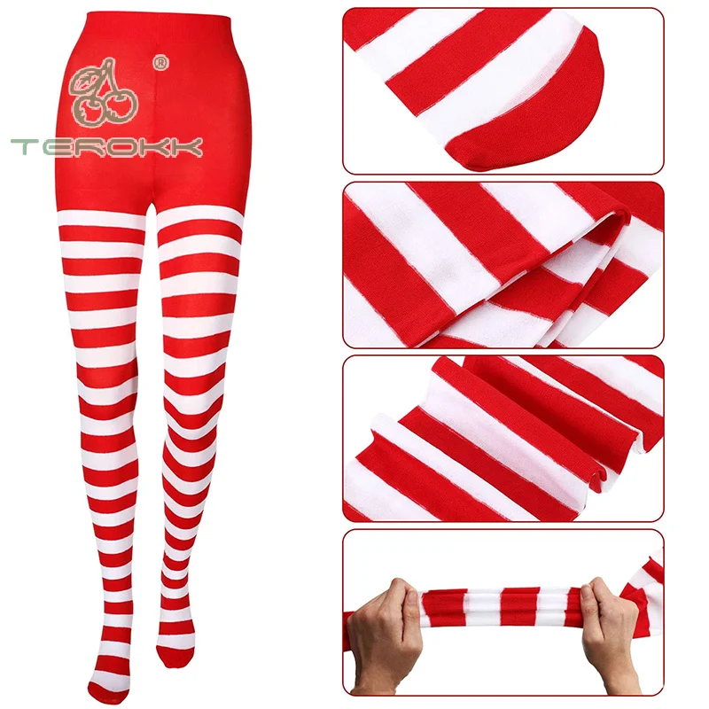 Women Christmas Striped Tights Full Length Tights Thigh High Stocking for Christmas Party Makeup Prom Decoration Cosplay Costume