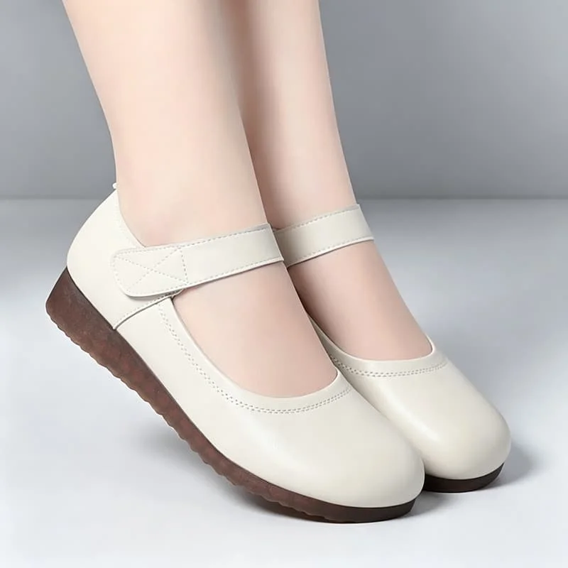 Retro Breathable Comfortable Shallow Genuine Leather Shoes Women Flats 2026 Spring Fall Mary Janes for Daily Mom Plus Size 42