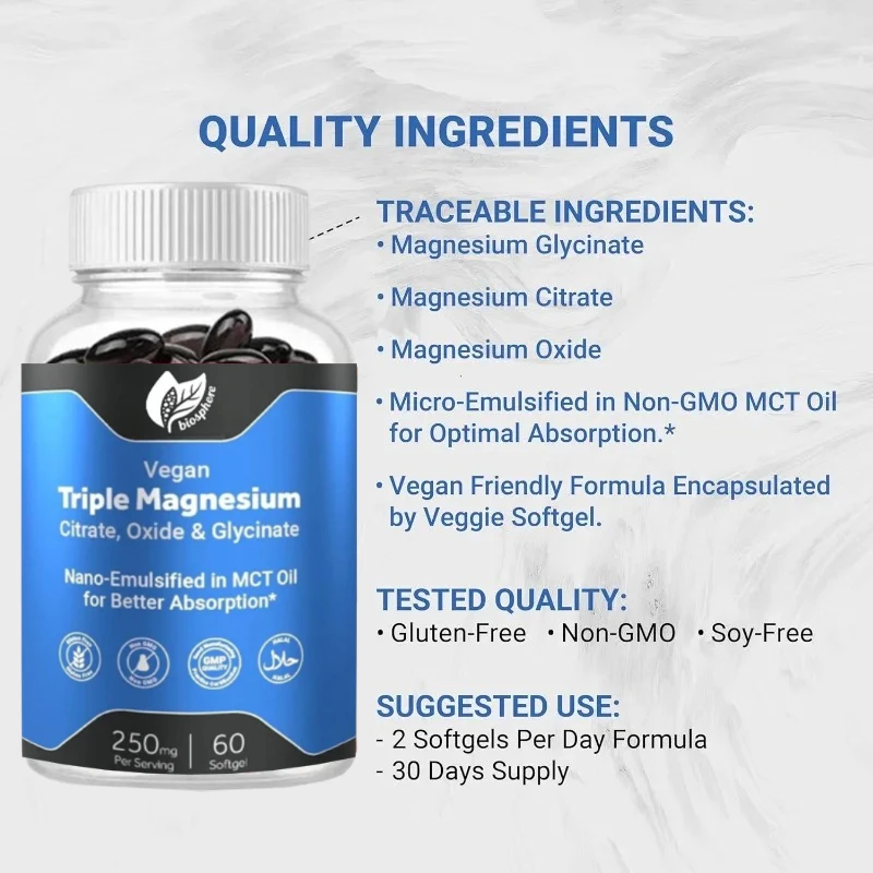 

Тройной магниевый комплекс | Глицин, лимонная кислота и оксид 250 мг — впитывающие магниевые добавки с костной опорой, мягкие капсулы