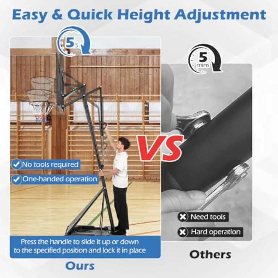 Portable Basketball Hoop with Height Adjustable Range from 4.9 to 10 Feet Features 44-Inch Polycarbonate Backboard Rebound Plat