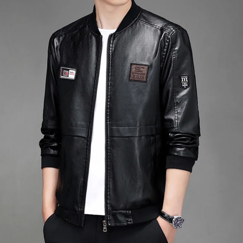 New Men's Leather Jacket Trend Slim jacket Male Baseball Collar Pu Leather Motorbike Jackets Solid Color Causal Mens Outwear