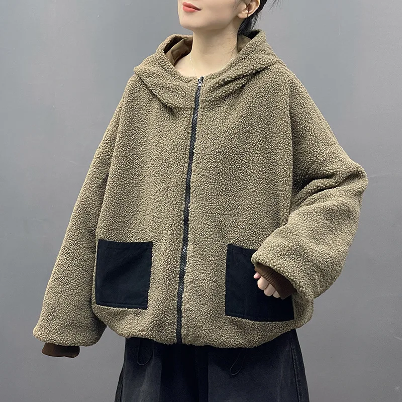 Masss Wasss 2025 Winter Women Fashion Reversible Design Fur Jackets Loose Warm Hooded Padded Coats Classic Casual Vintage Parkas