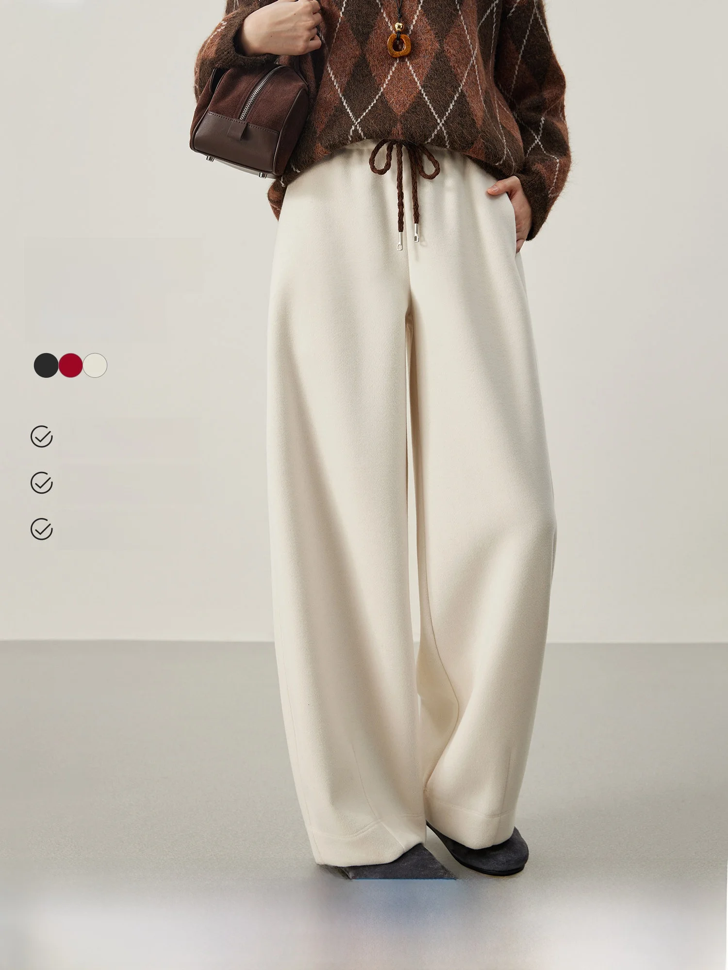 

Thiened Warm High Waist Wide Leg Casual Pants Women's Belted Knife Slimming Winter Faion Polyester Blend Trousers