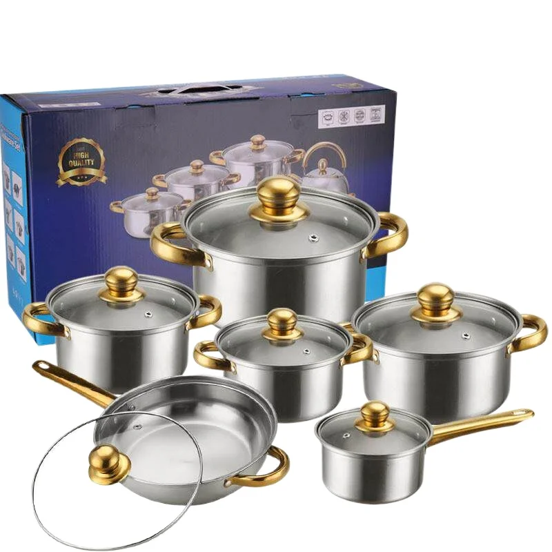 Colorful Stainless Steel Set Pot Non-stick Pan 12-piece Set Gold-plated Handle Stainless Pots Set Pot