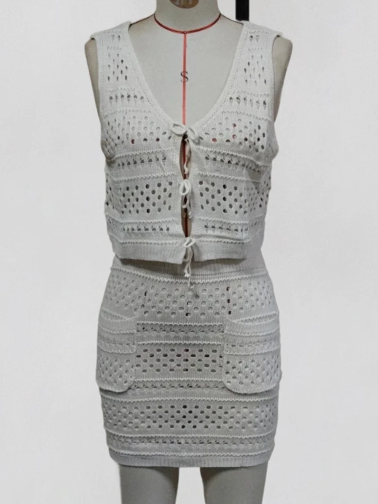 

Купальники Юбка-накидка Комплект из 2 предметов Женские укороченные топы и мини-юбка Купальный костюм Модные однотонные полые сексуальные пляжные наряды