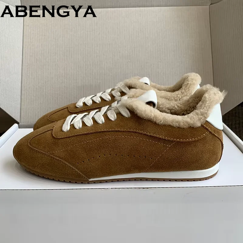 Hot Sale Women's Casual Sneakers Suede Leather Winter Wool Shoes Round Toe Lace Up Flat Shoes Warm Fur Sports Shoes Woman