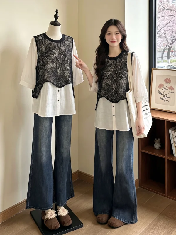 

Lace Hollow out Short Sleeve Shirt Women's plus Size Midi Top Korean Style Commute Fashion Big Size Fat MM Summer New Arrival