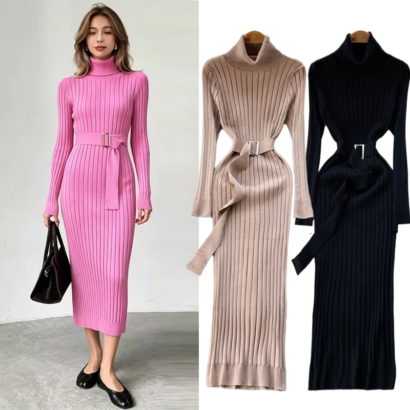 Ins Heißer Rollkragen Sexy Wickel-Hüft-Strickkleid Damen 2025 Herbst Winter Langarm Bodycon Pulloverkleid Streetwear Robe