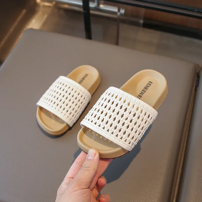 

Summer New Kids Woven Beach Slippers Silver Beige Fashion Girls Causal Open-toe Slippers Thick Bottom Children Outdoor Slippers