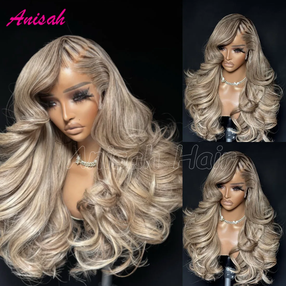 

Ash Blonde Highlight Body Wave Human Hair Wigs for Women 13X4 13X6 HD Transparent Lace Frontal Wig Pre Plucked