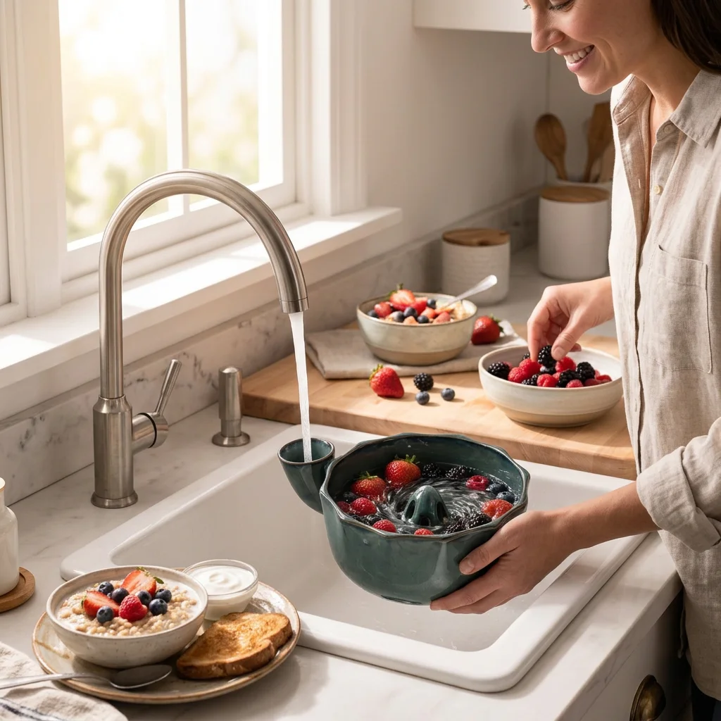 Automatic Rotating Ceramic Berry Colander Bowl for Strawberries Blueberries and Grapes Water Flow Fruit Washing and Draining