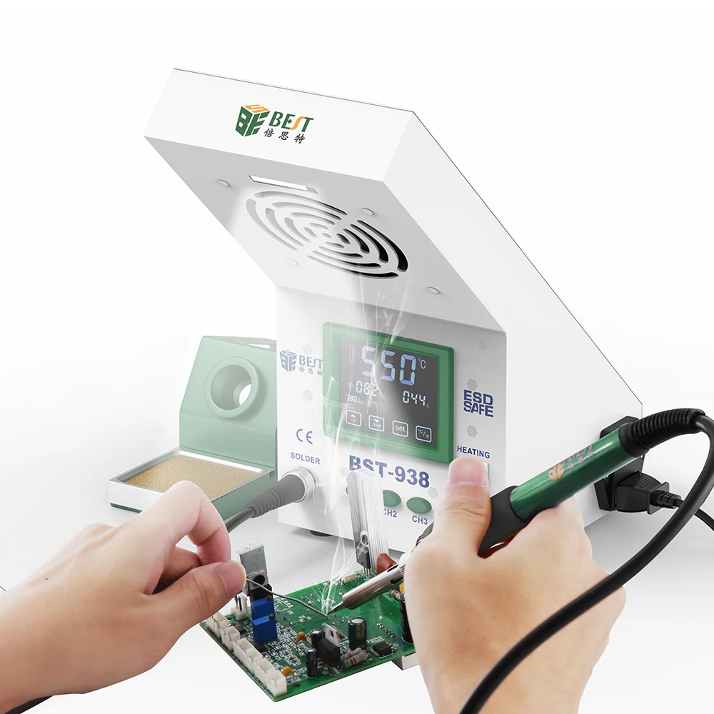 

BST-938 Multi Function 3 in 1 LED Light Screen Touch Soldering Smoke Absorber Soldering Rework Station Soldering Iron