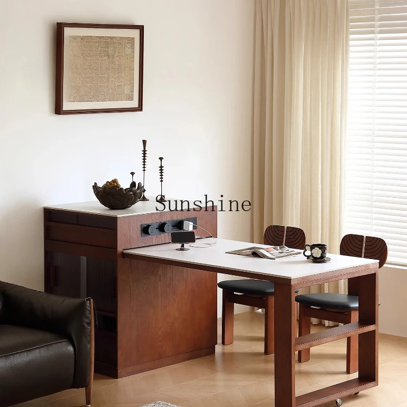 

TT island dining table integrated retractable rock slab solid wood multi-functional household simple dining table