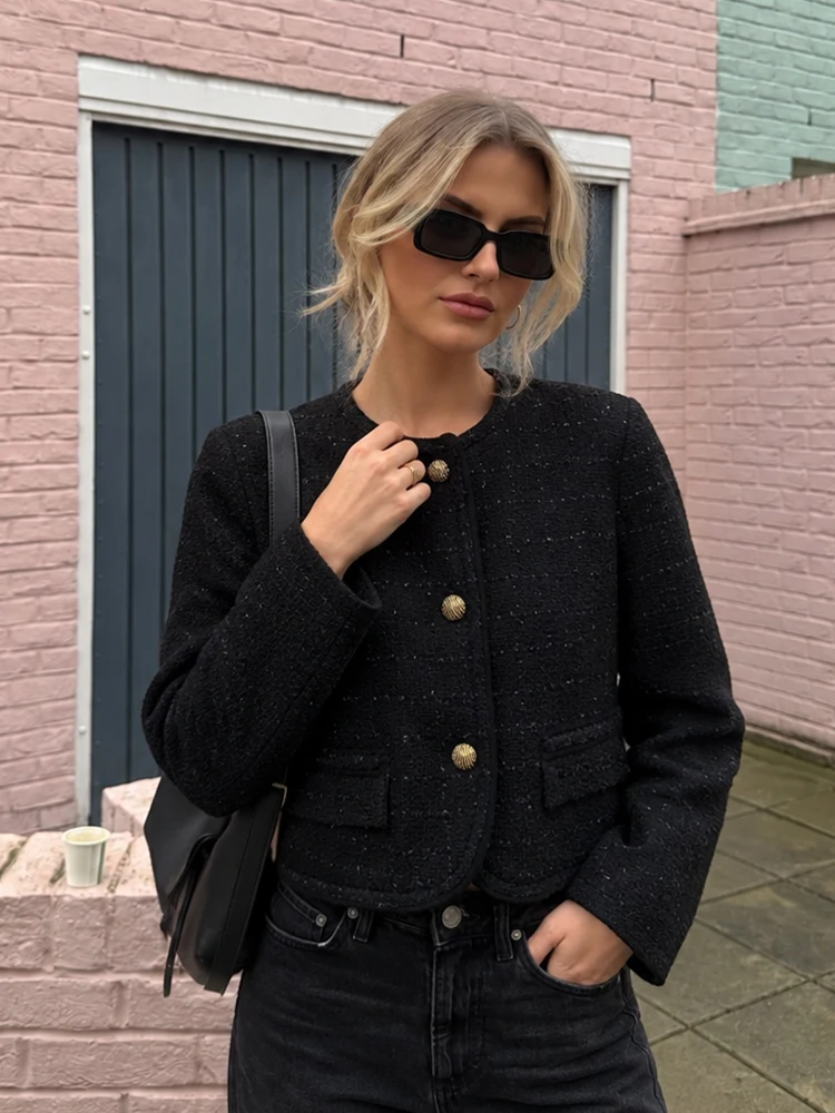 HH Vacation Getaway Black Tweed Jacket Women Autumn Winter Gold Button Crew Neck Travel Casual Chic Stylish Cozy Outerwear