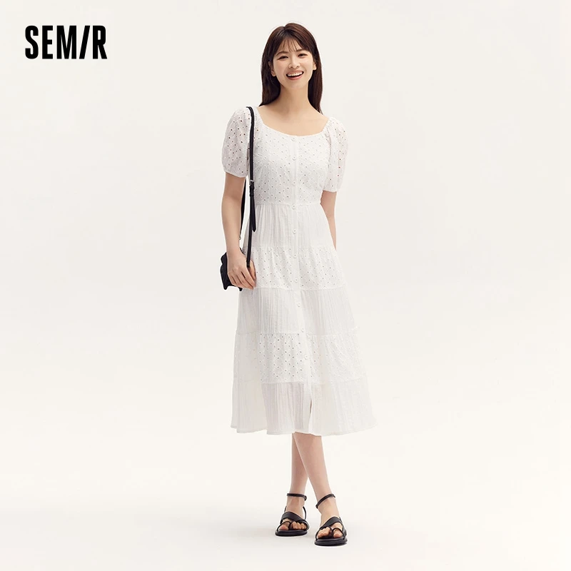 Semir Dress Women Square Collar Spliced Mid-Length Dress 2024 Summer New Hollow Texture Little White Dress French-Inspired