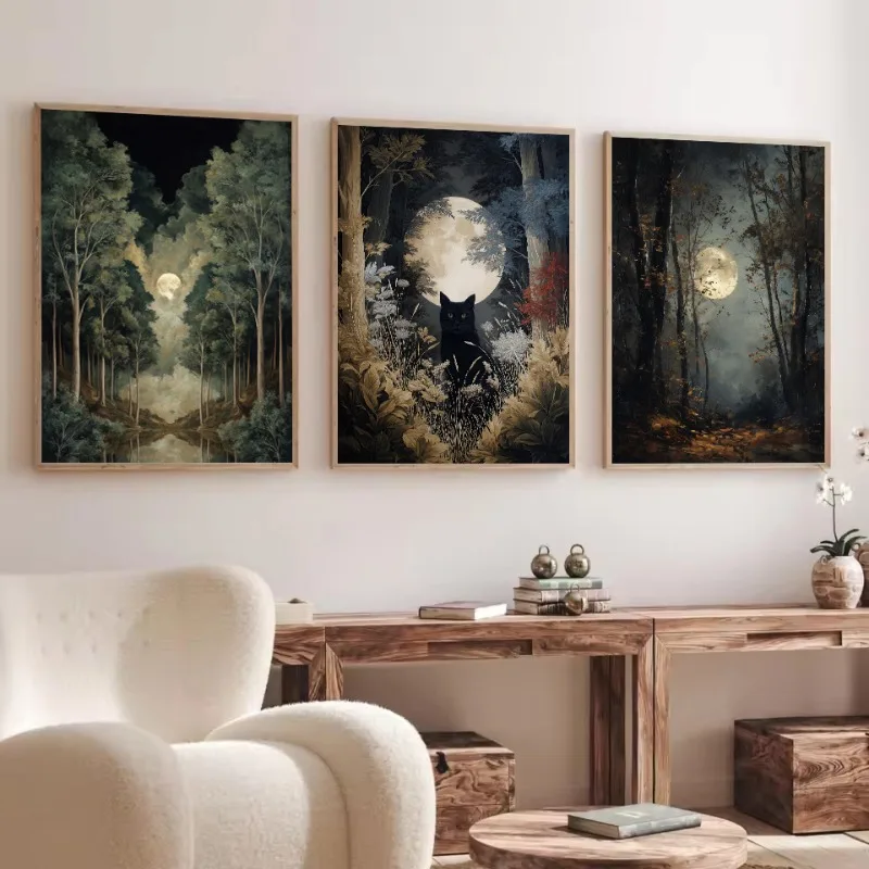Witchcore Mystical Black Cat Moonlight Forest Cottagecore Landscape Poster Canvas Painting Wall Art Pictures Home Decor