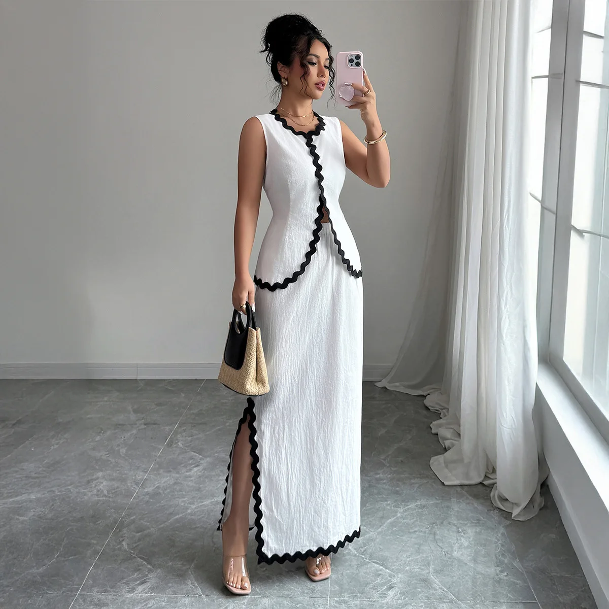 

Two Piece Sets Women Skirt Set Matching Sets Sleeveless Vests Tops Long Skirts A Line High Waist Y2k Streetwear Elegant Summer