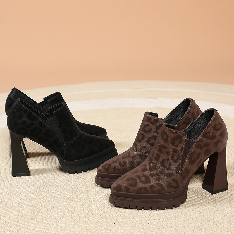 

Leopard Print High Heels Spring and Autumn New Pointed Toe Deep Mouth Platform Sole Non-slip Wear-resistant Low-top Single Shoes