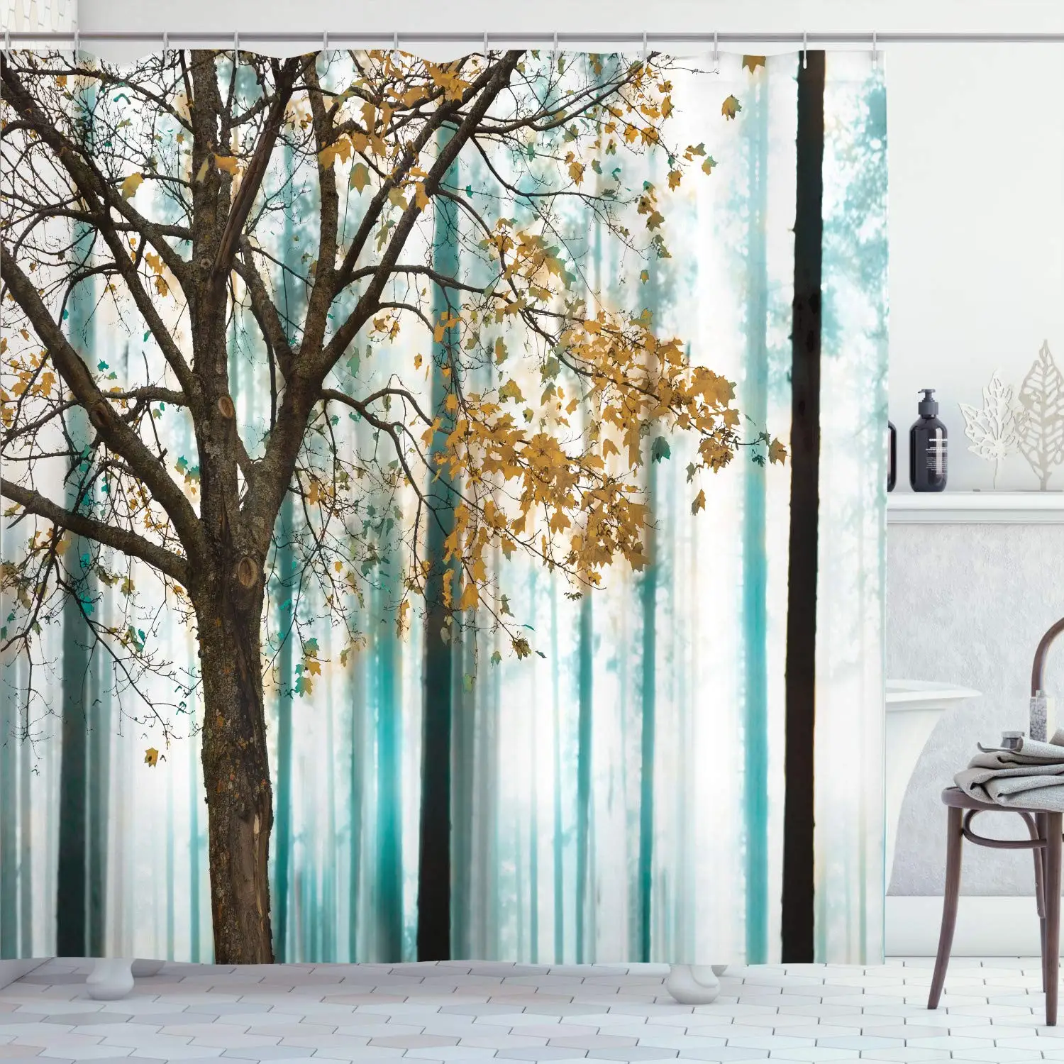 

Осенняя занавеска для душа, тема осеннего сезона, листья лесного дерева на абстрактном лесном фоне, занавески для ванной комнаты с крючками