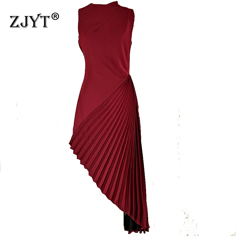 

ZJYT Elegant Sleeveless Pleated Long Asymmetrical Dresses for Women Party Evening Summer Designer Midi Dress Red Casual Vestido