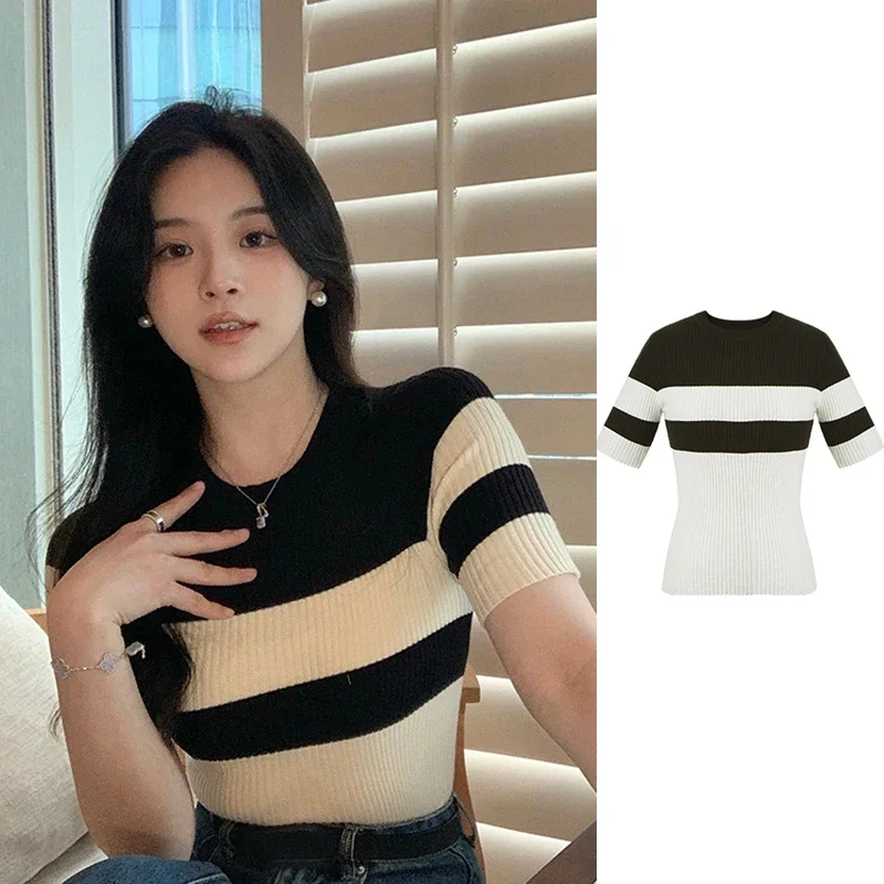 

Summer Fashion Striped Knitted T-shirt Women Round Neck Short Sleeve Slim Crop Top