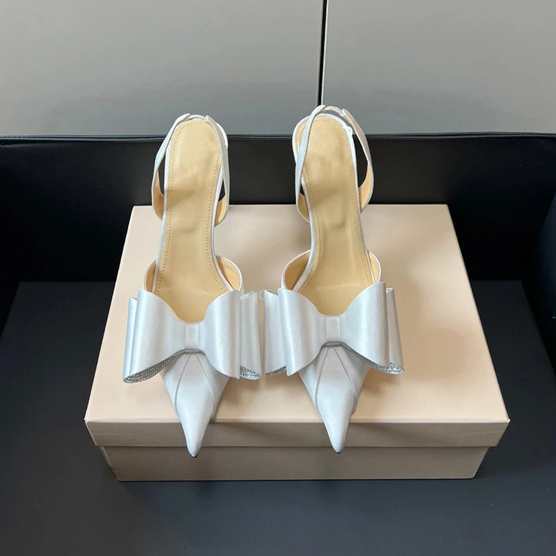 Silk Bow Rhinestone High-Heeled Shoes with High-End Design, New French Socialite Pointed Thin Heel Hollow Toe Sandals