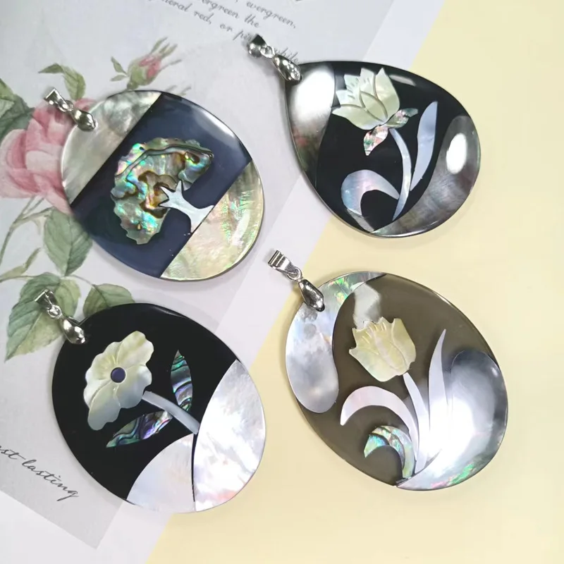 Handmade assembled shell cartoon flower-shaped abalone shell Mixed black and white clams